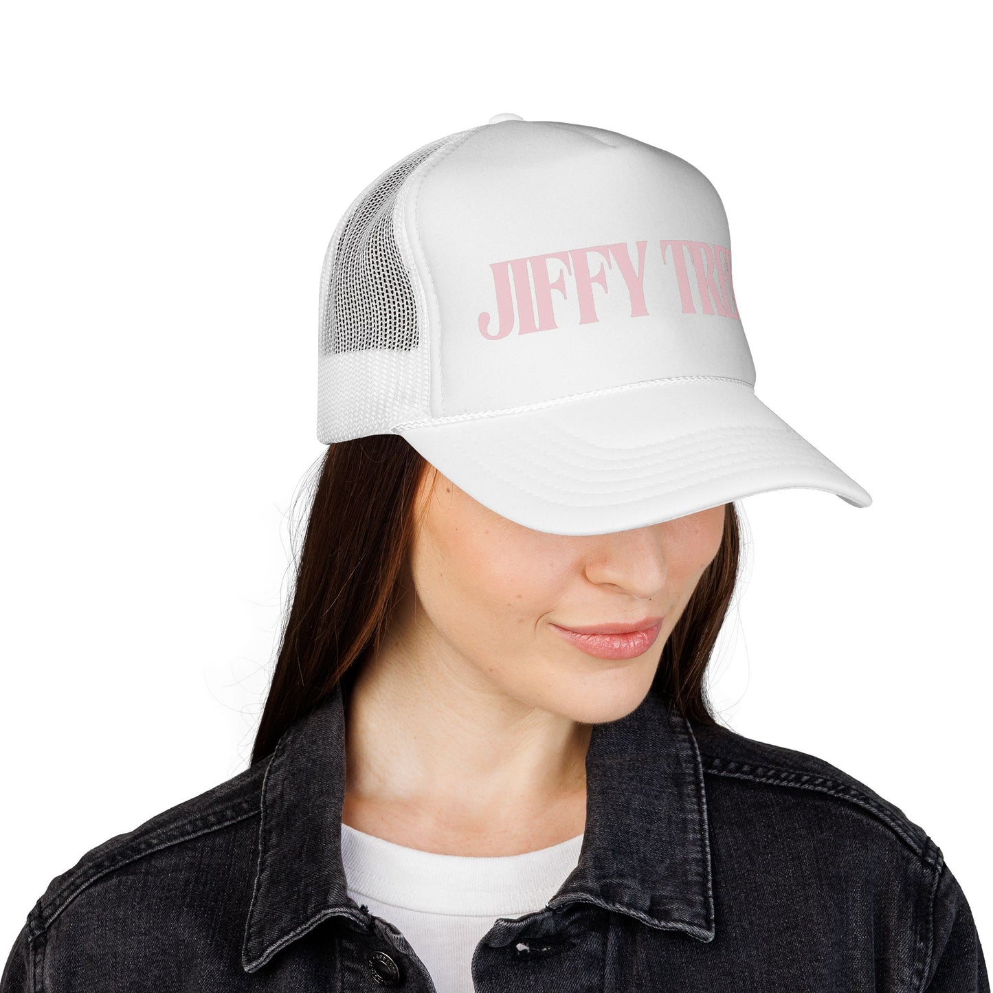 Jiffy Treet Pink Trucker Cap — Retro Logo Mesh Baseball Hat