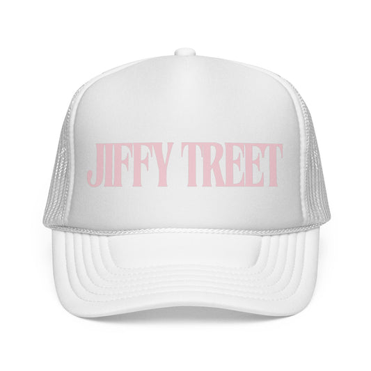 Jiffy Treet Pink Trucker Cap — Retro Logo Mesh Baseball Hat